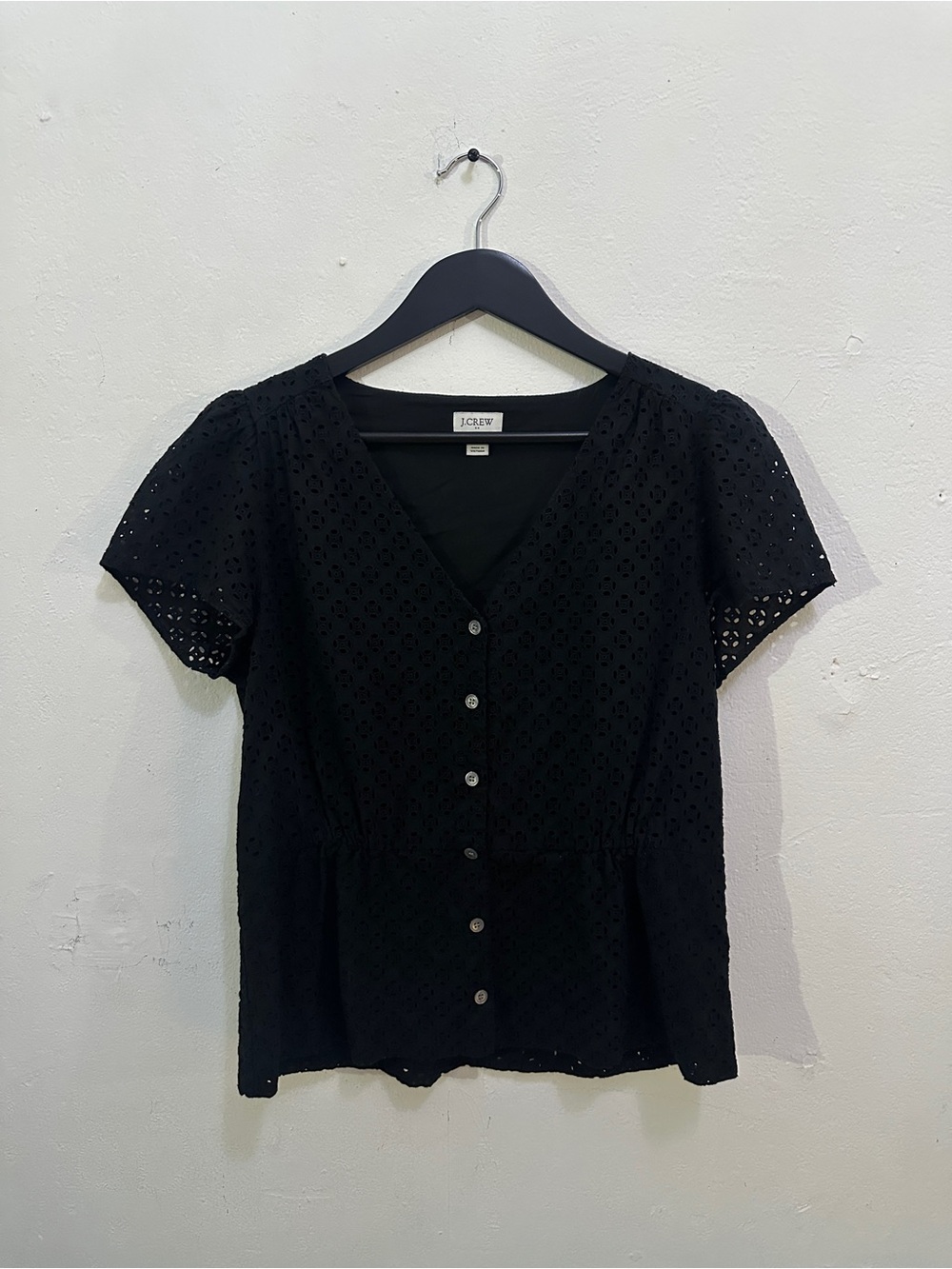 J.Crew Eyelet Lace Button Front Blouse Top Black Short Sleeve Size 6